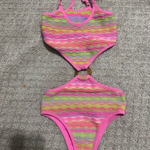 Pink and Green Cut-Out One Piece Swimsuit with Zigzag Pattern